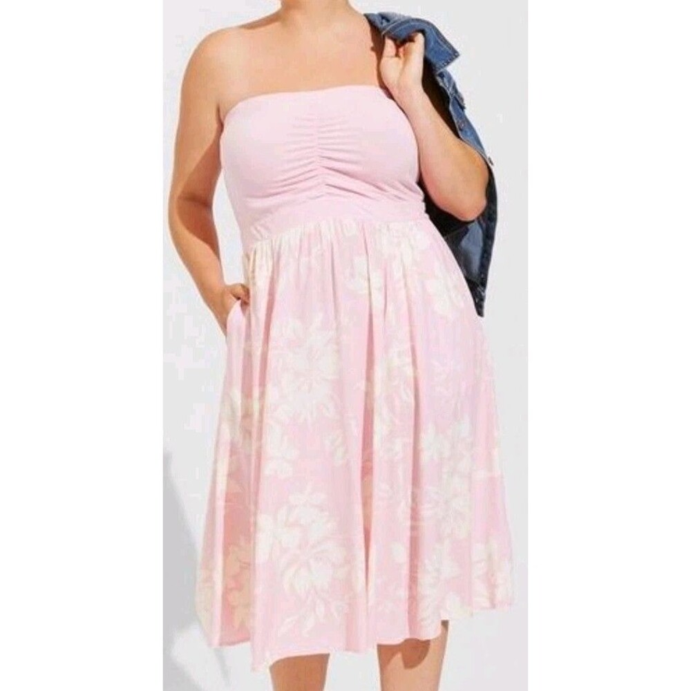 Torrid Emma Floral Strapless Midi Dress Sz 0 Large Pink White Fit Flare Pockets